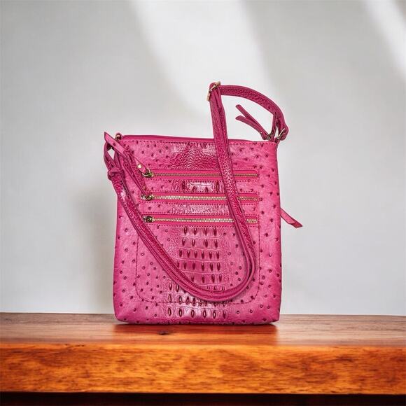 Ostrich Embossed Messenger Bag With Multi Front-Zipped Crossbody Pink - Picture 3 of 9
